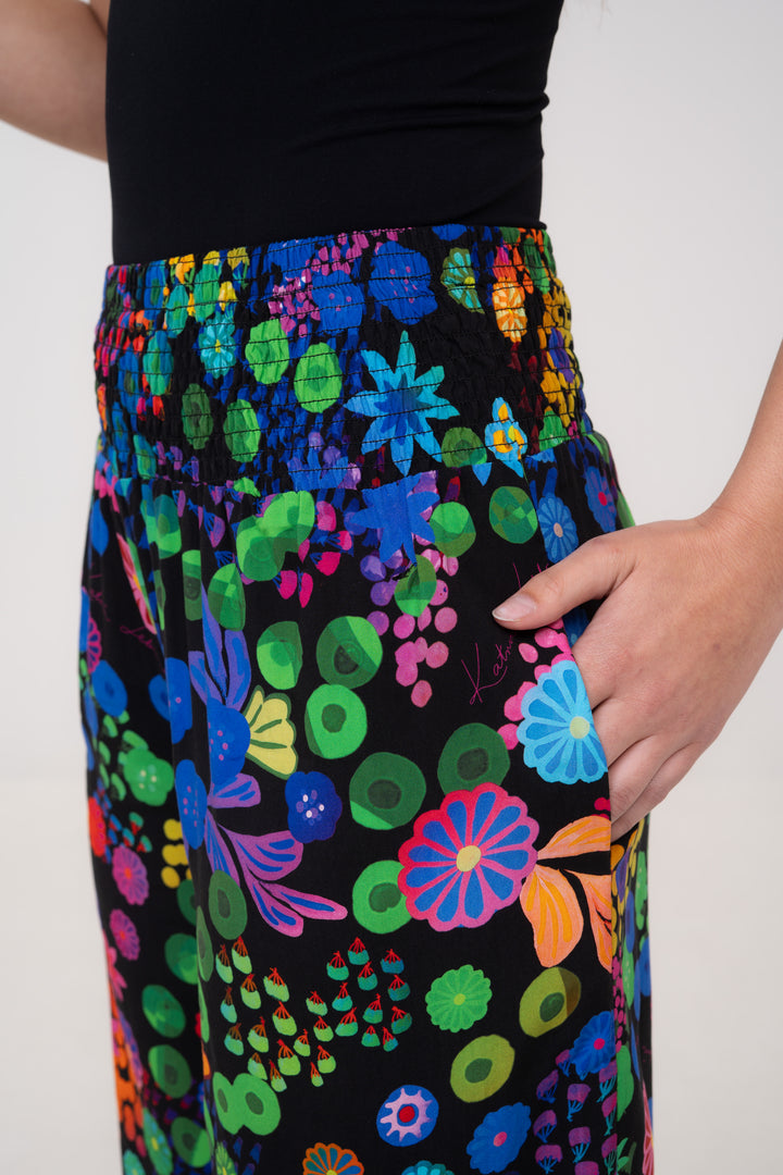 Smocked High Rise Pants - Colourama, Black