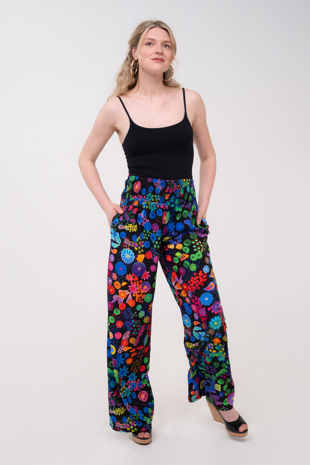 Smocked High Rise Pants - Colourama, Black