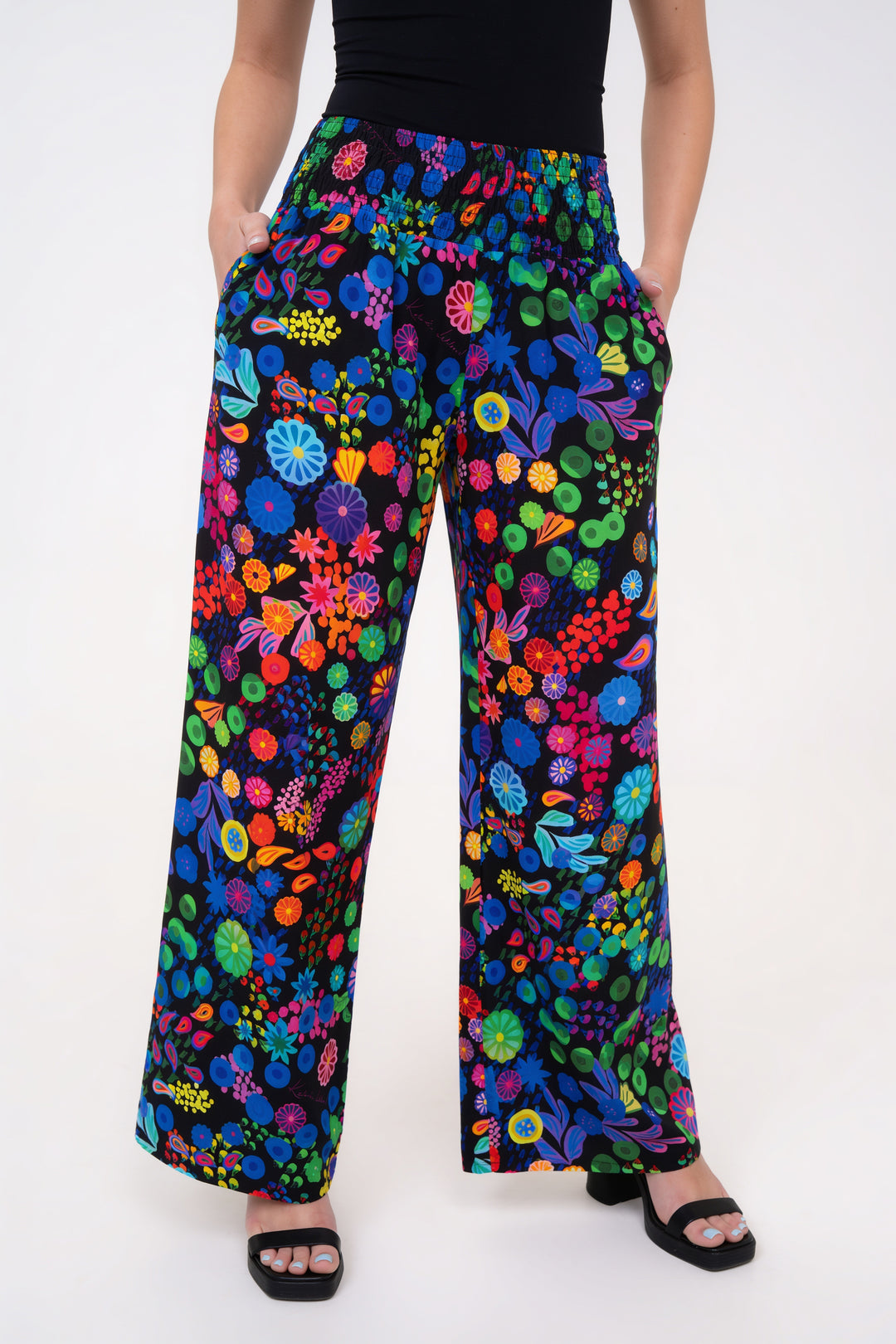 Smocked High Rise Pants - Colourama, Black