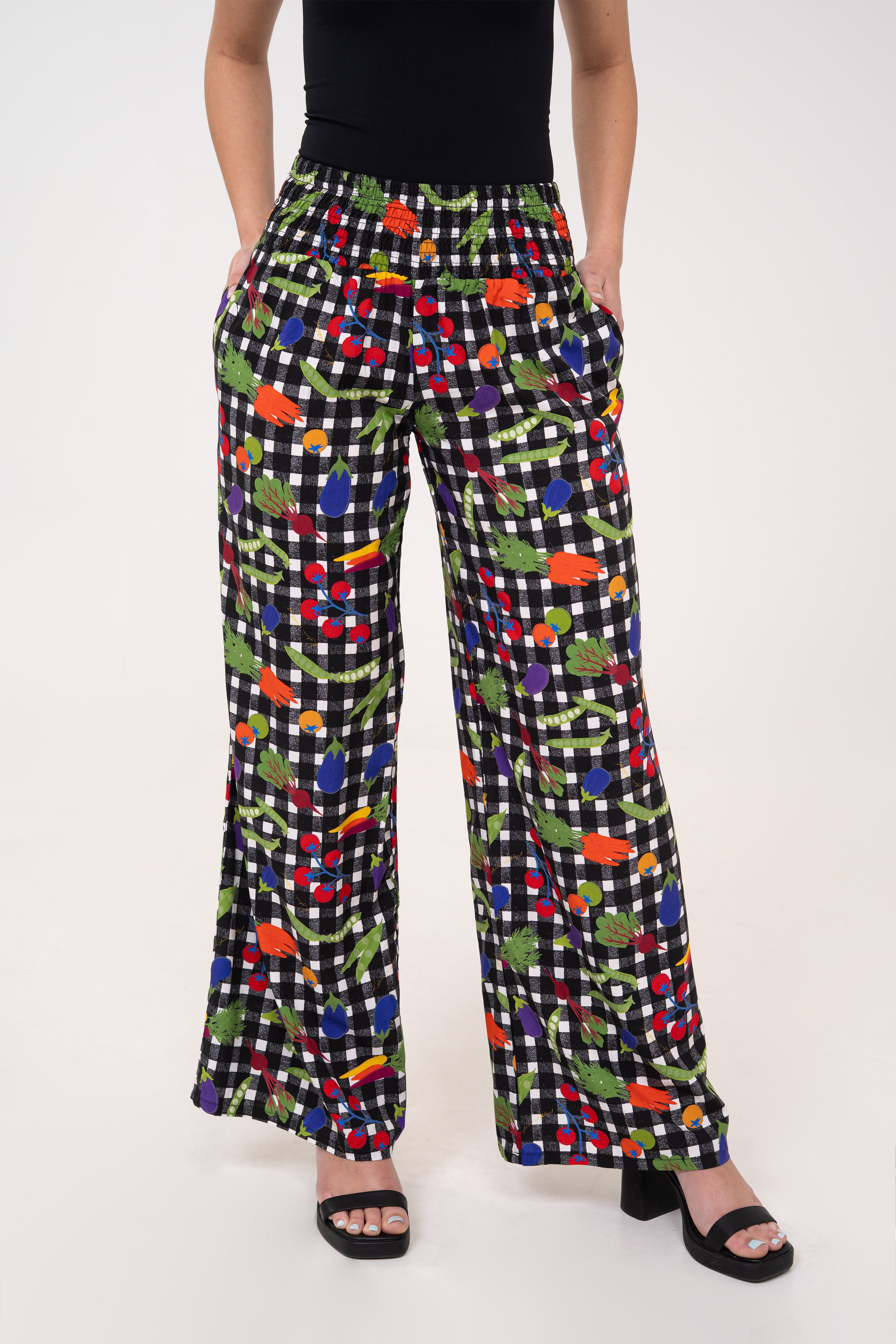 Pantalon smocké taille haute - Légumes