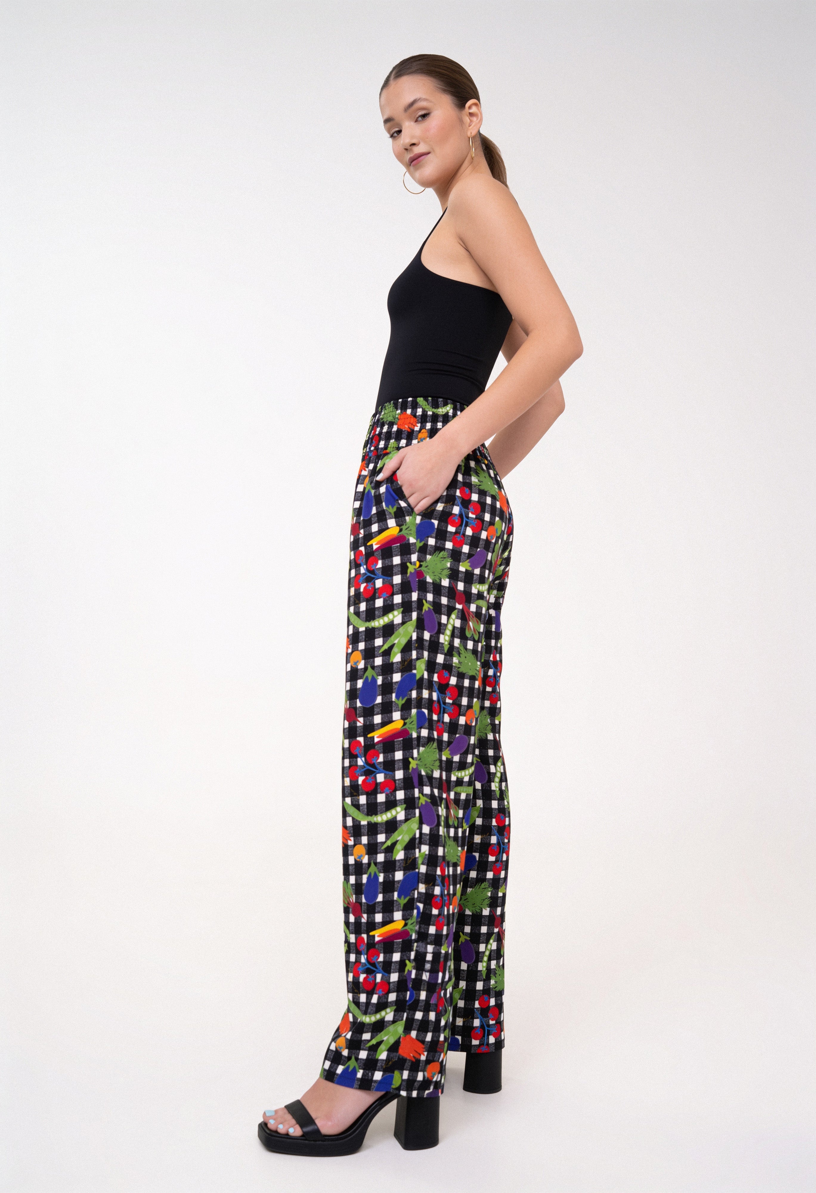 Pantalon smocké taille haute - Légumes