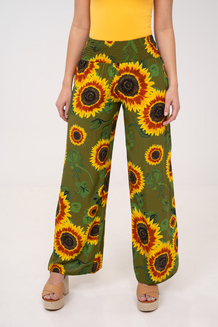 Smocked High Rise Pants - Sunflowers