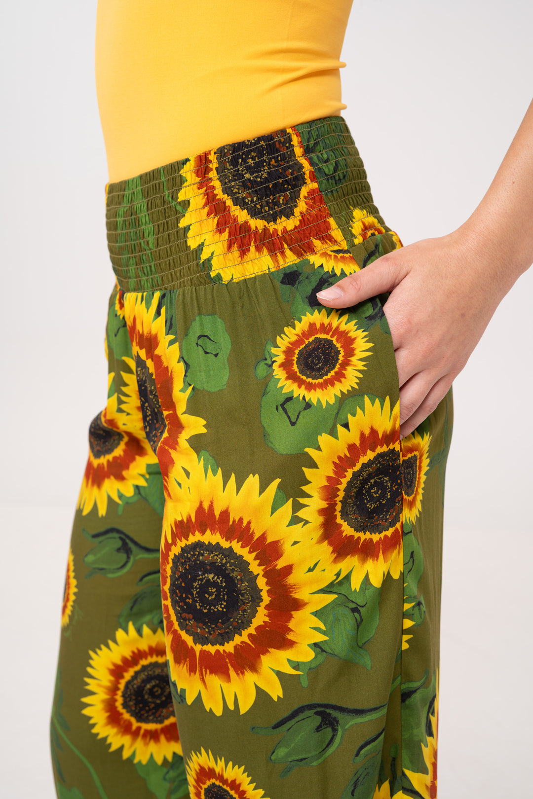 Smocked High Rise Pants - Sunflowers