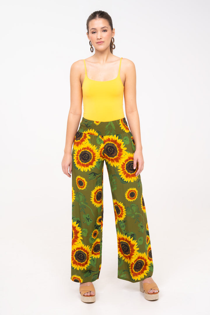 Smocked High Rise Pants - Sunflowers