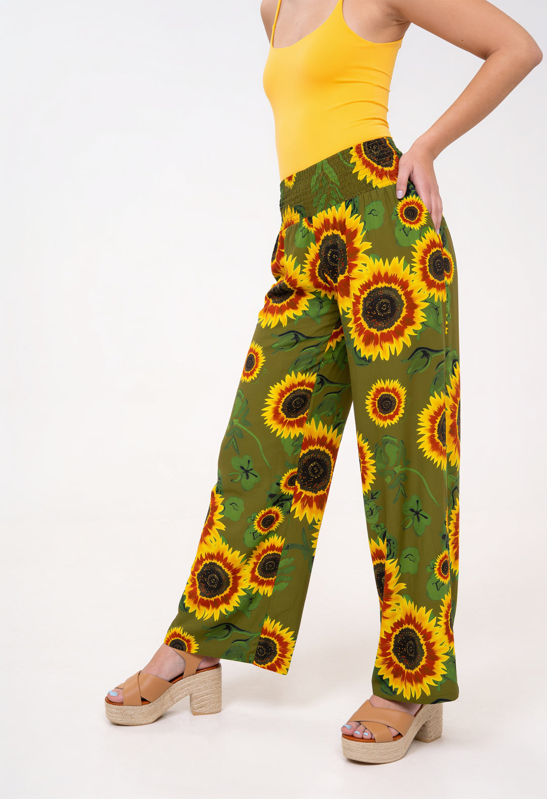 Smocked High Rise Pants - Sunflowers