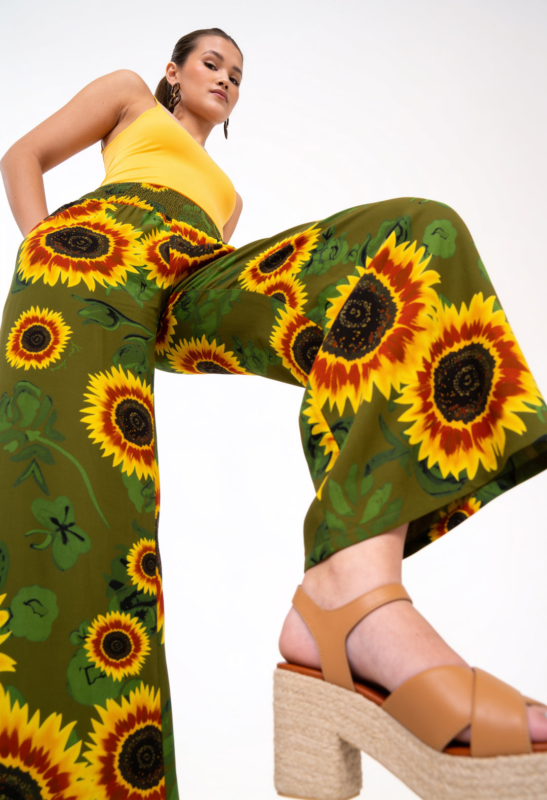 Smocked High Rise Pants - Sunflowers