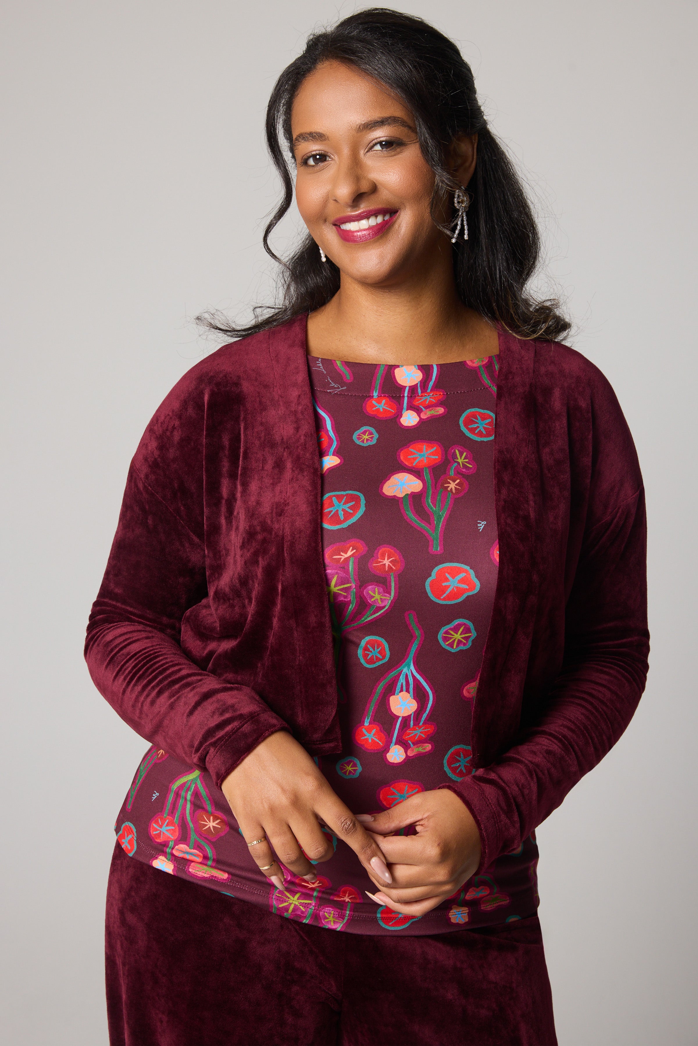 Short Velvet Cardigan - Burgundy