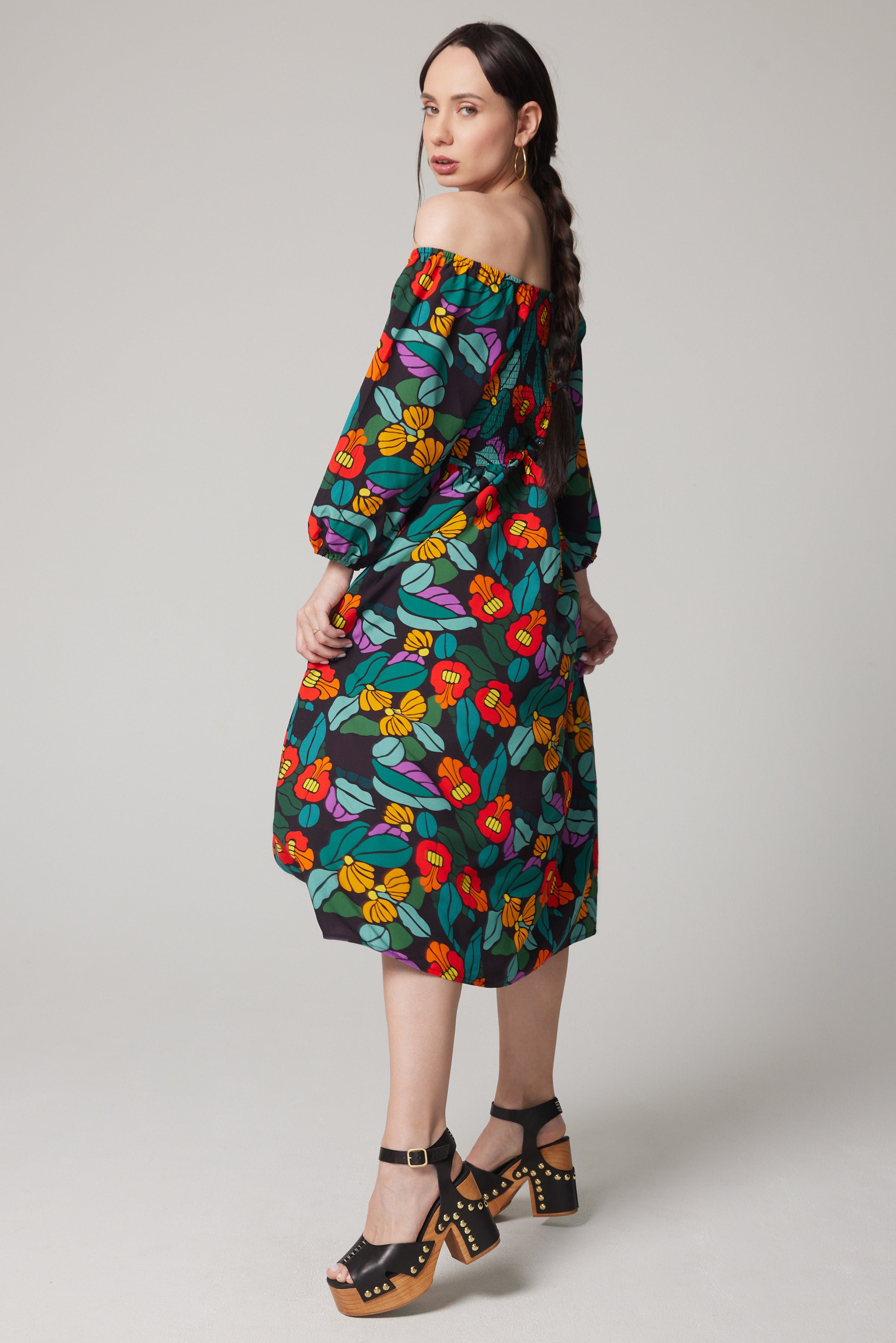 Smocked Puff Sleeve Midi Dress - Bloomcore