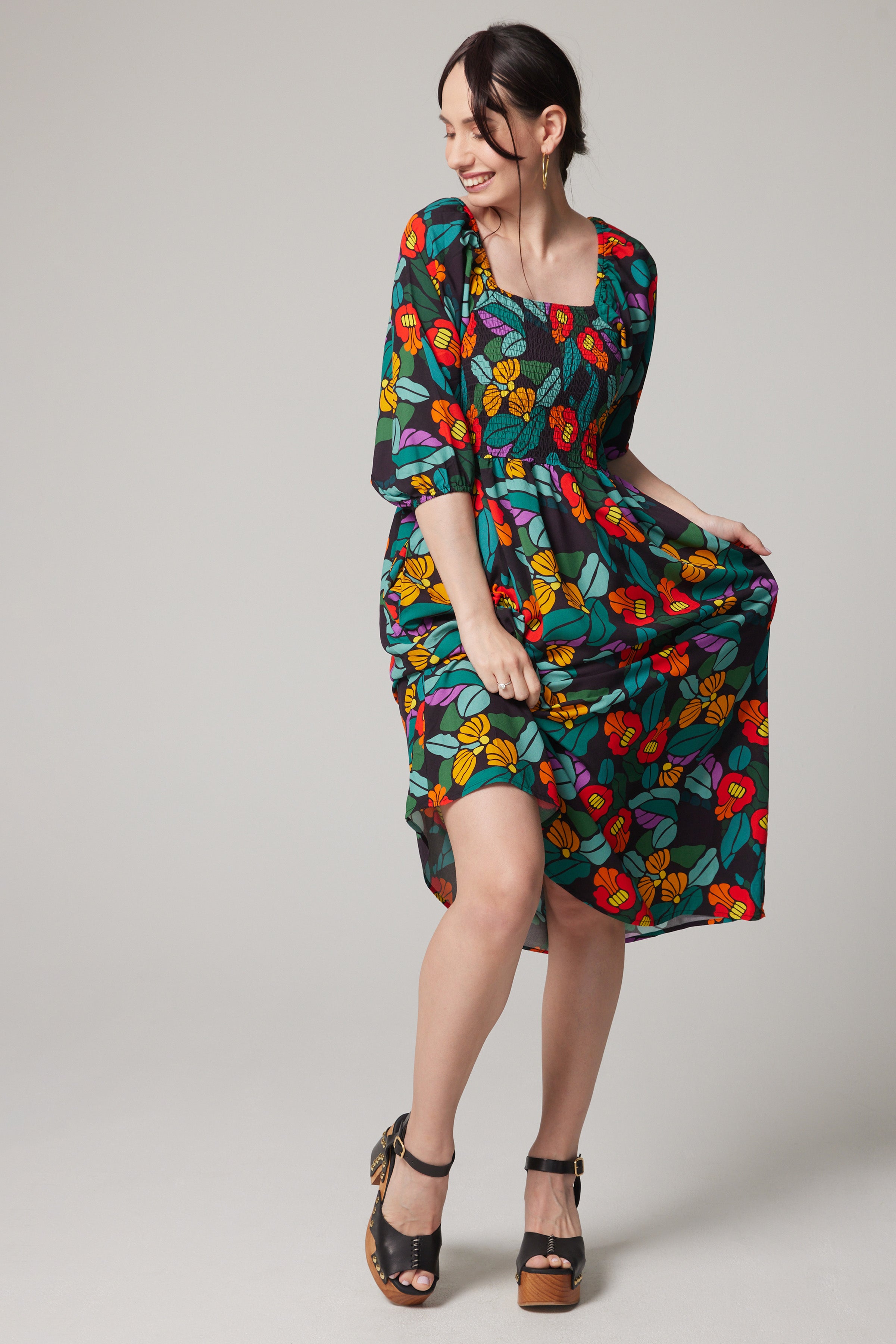 Smocked Puff Sleeve Midi Dress - Bloomcore