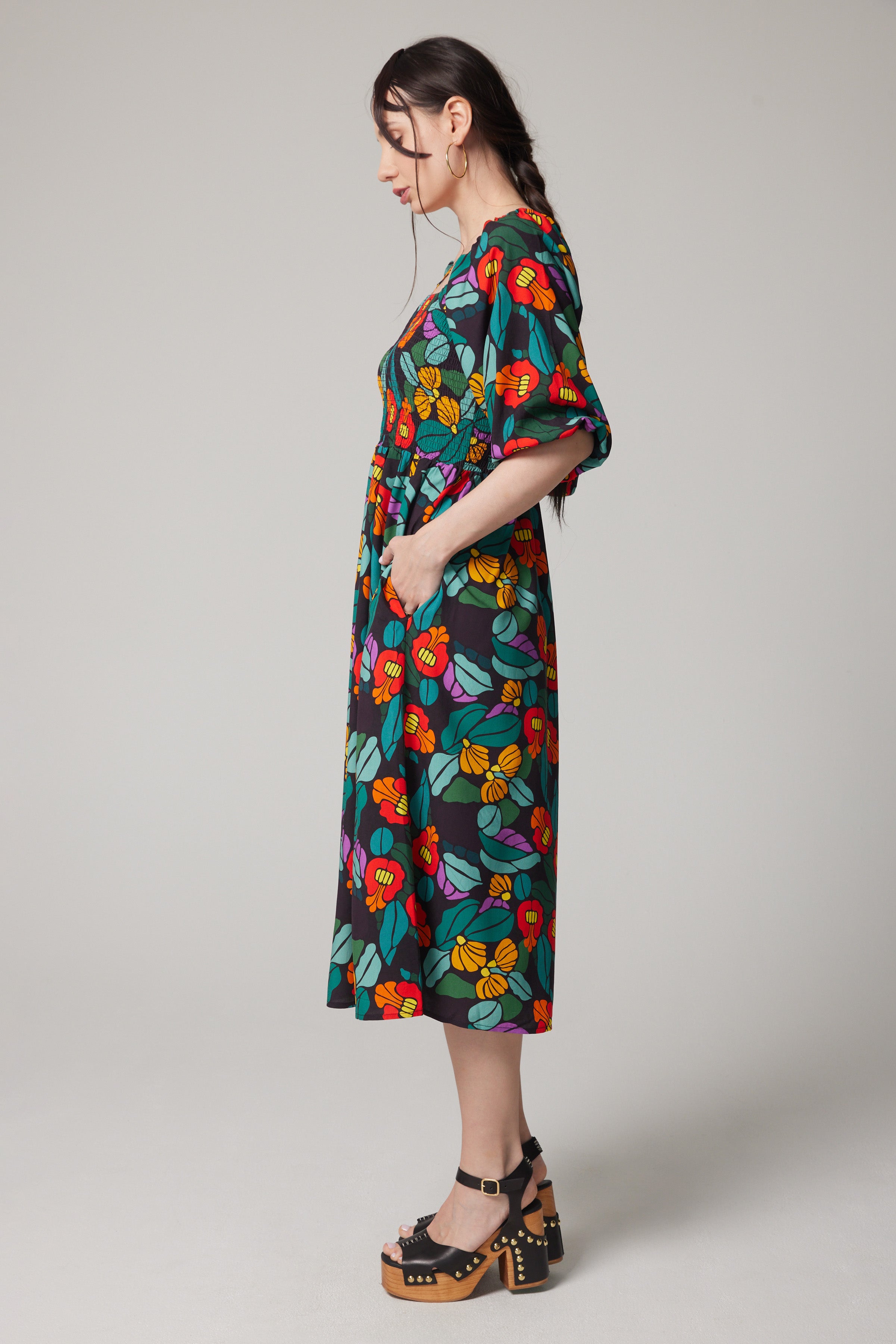 Smocked Puff Sleeve Midi Dress - Bloomcore