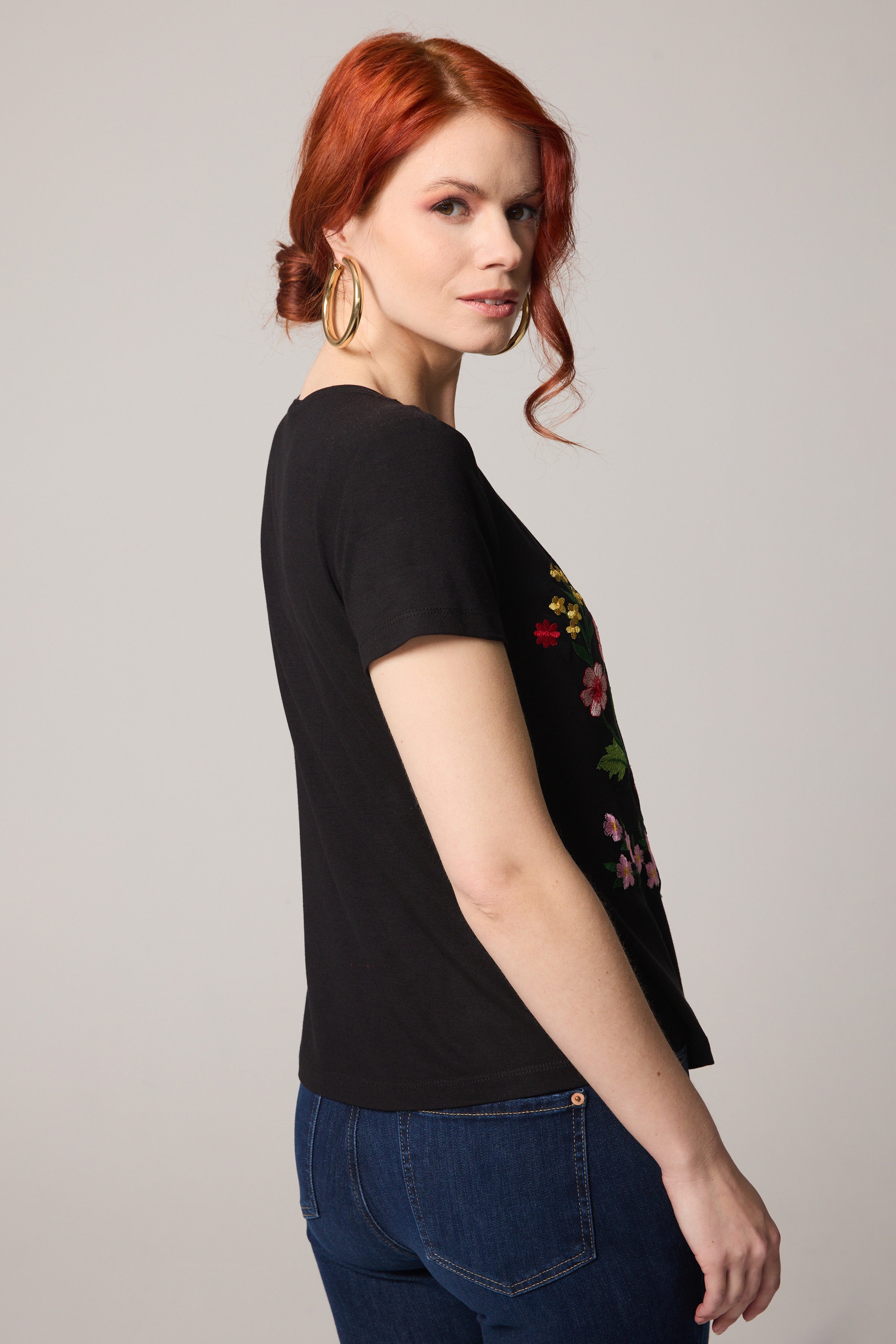 Scoop Neck T-shirt - Black, Embelished