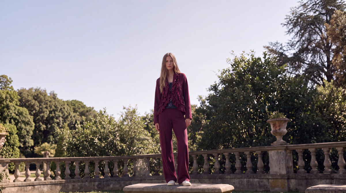 Ruffle Jacket and Bliss Pants in burgundy on a sunlit garden terrace.