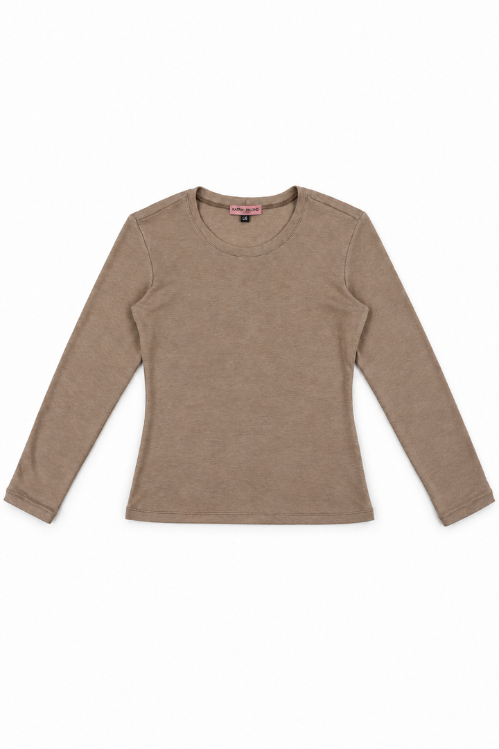 Beige merino wool crew neck, full front view on white background