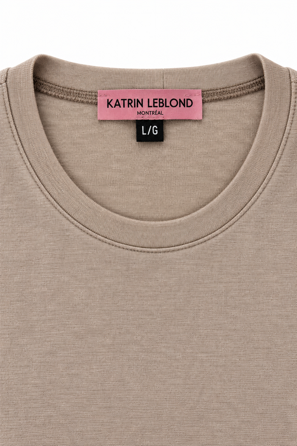 Beige merino wool crew neck, neckline view on white background