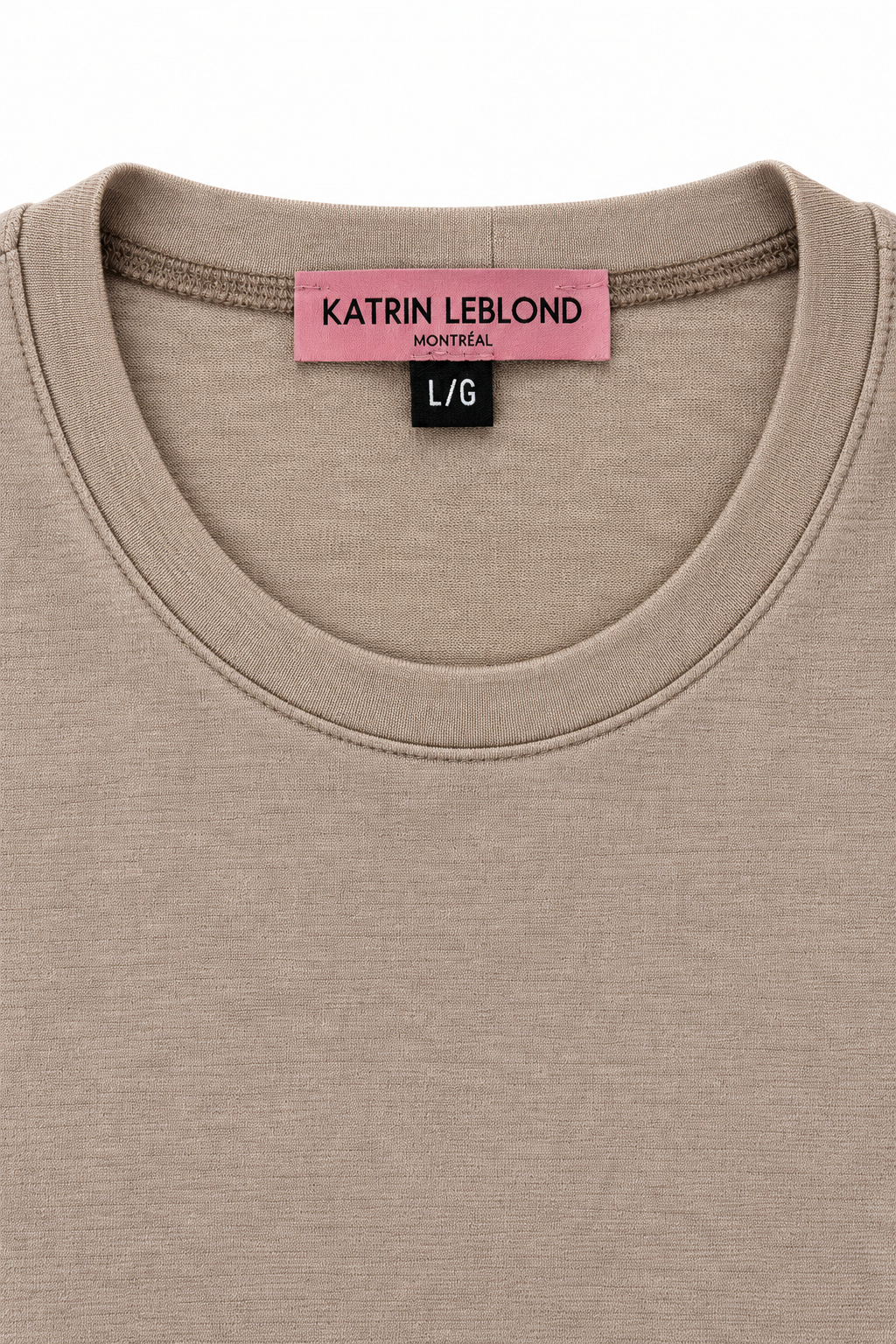 Beige merino wool crew neck, neckline view on white background
