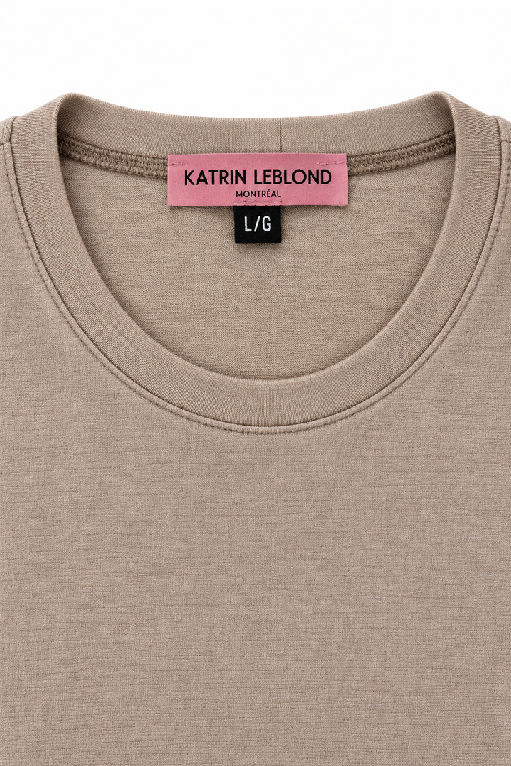 Beige merino wool crew neck, neckline view on white background