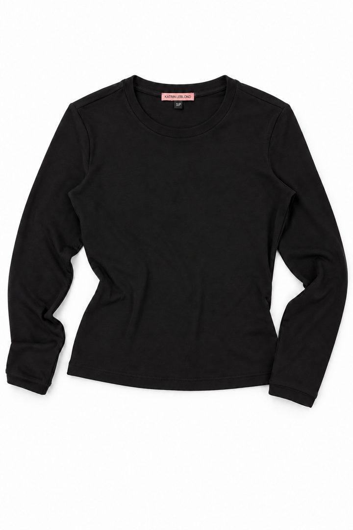 Black merino wool crew neck, full front view on white background