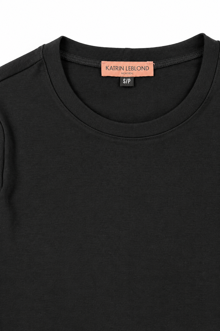 Black merino wool crew neck, neckline view on white background