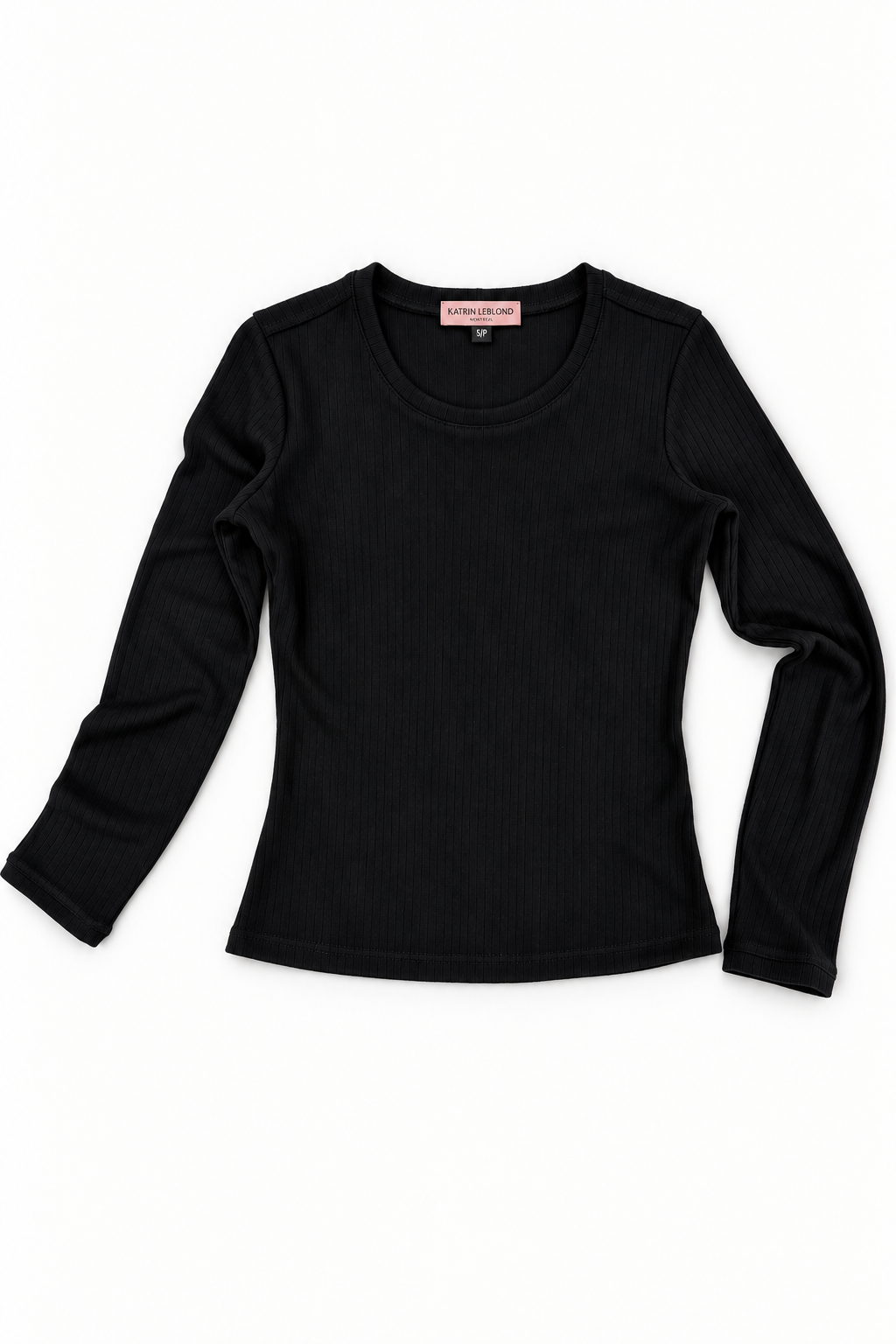 Crew Neck - Black Pinstripe Rib, natural asymmetric flat lay with relaxed sleeve folds
