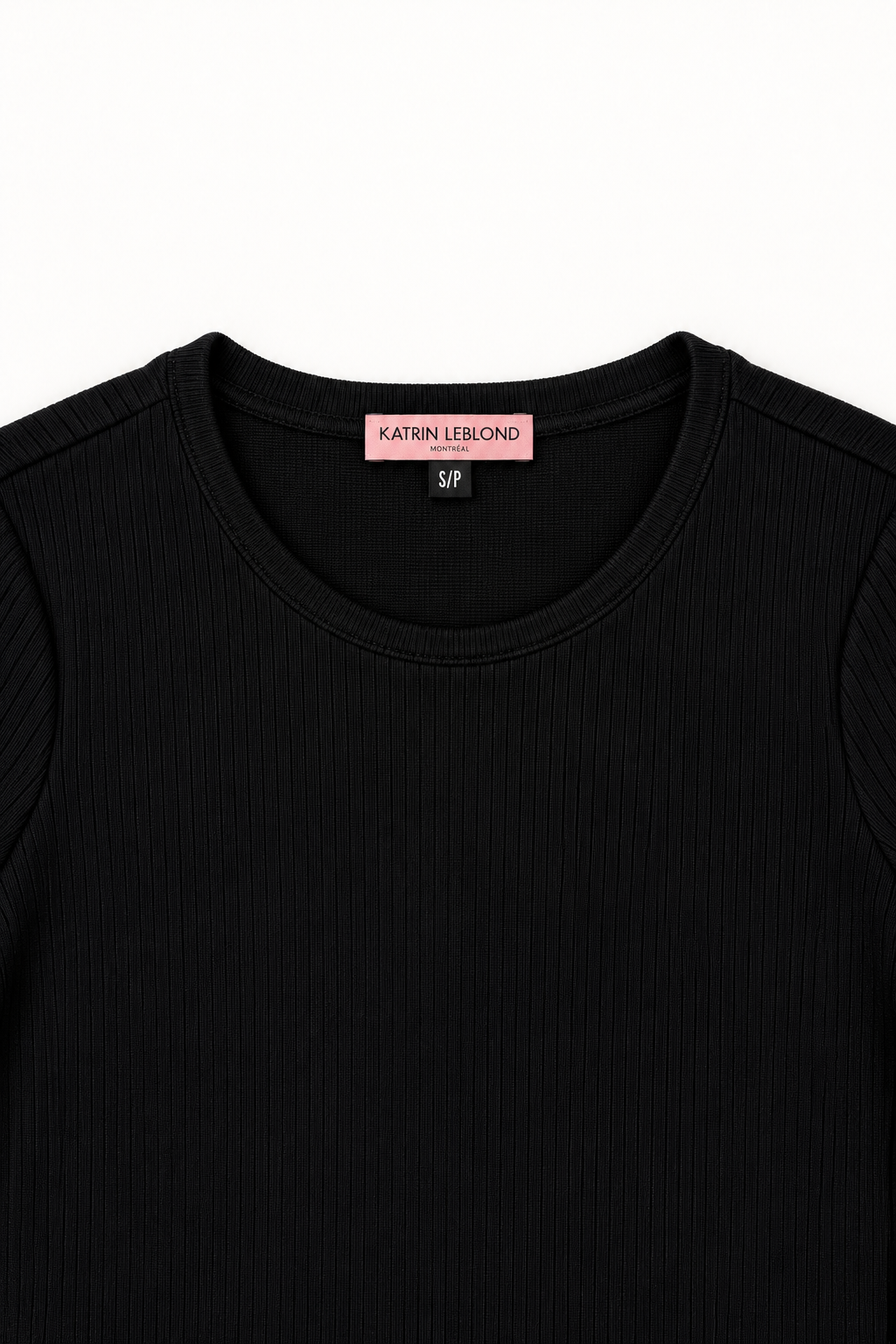 Black Pinstripe Rib top, crew neckline and Katrin Leblond label detail