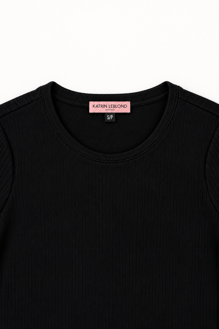 Black Pinstripe Rib top, crew neckline and Katrin Leblond label detail