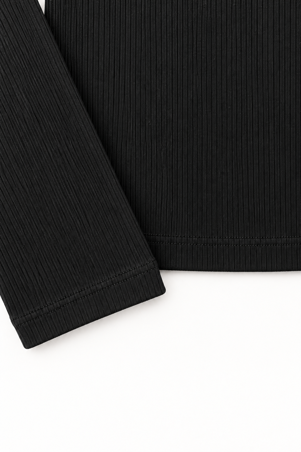 Black Pinstripe Rib top, fine rib texture, sleeve cuff and stitched hem detail