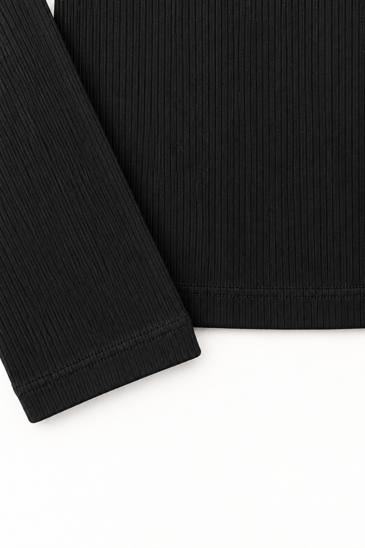 Black Pinstripe Rib top, fine rib texture, sleeve cuff and stitched hem detail
