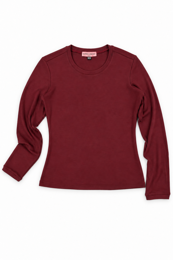 Burgundy merino wool crew neck, full front view on white background