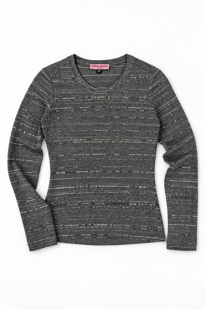 Crew Neck Grey Jacquard top, full front flat lay on an off-white background