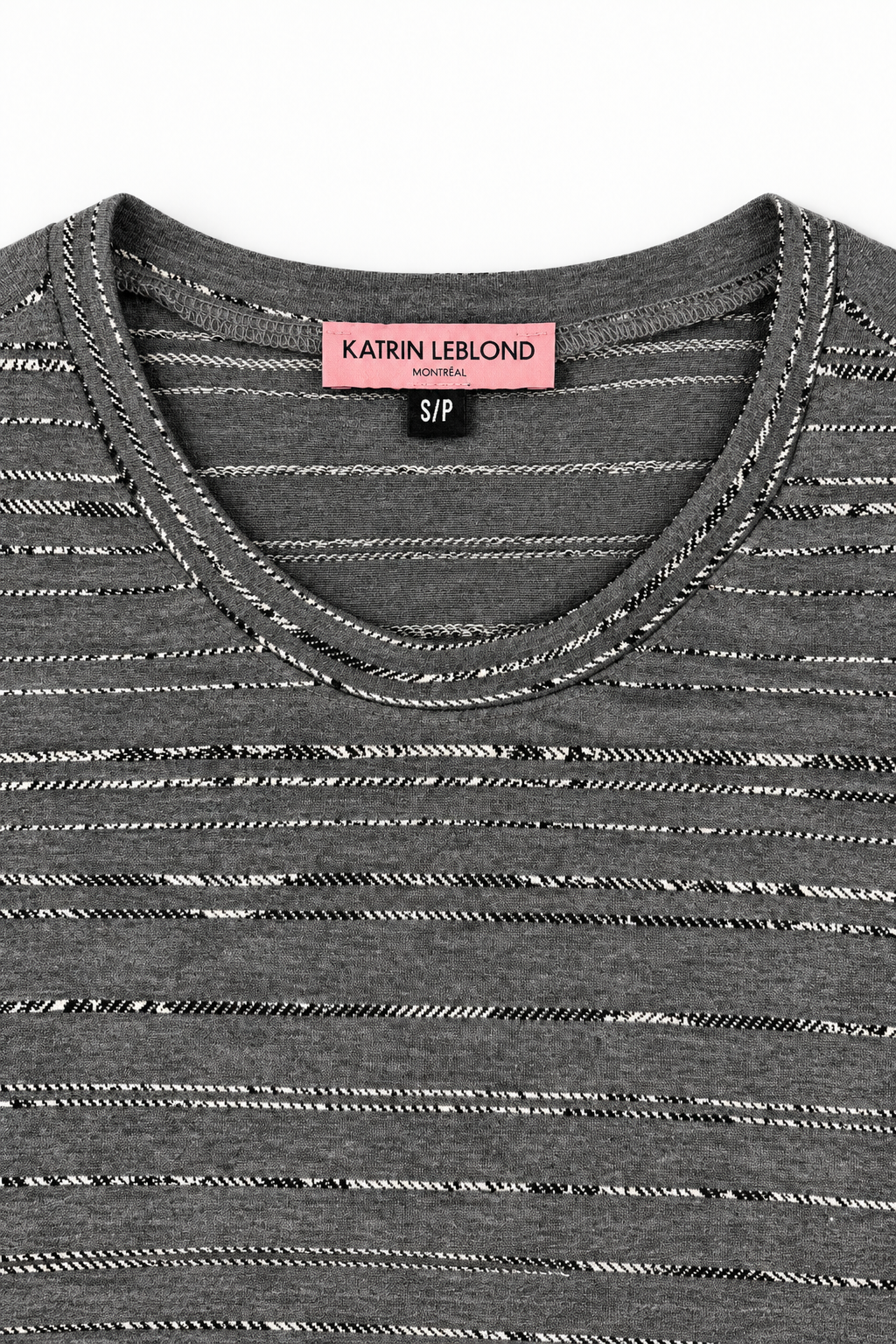 Crew Neck Grey Jacquard top, neckline and Katrin Leblond label detail