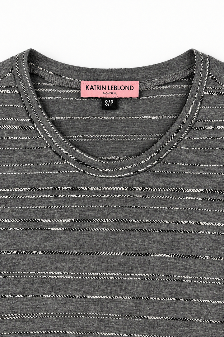 Crew Neck Grey Jacquard top, neckline and Katrin Leblond label detail