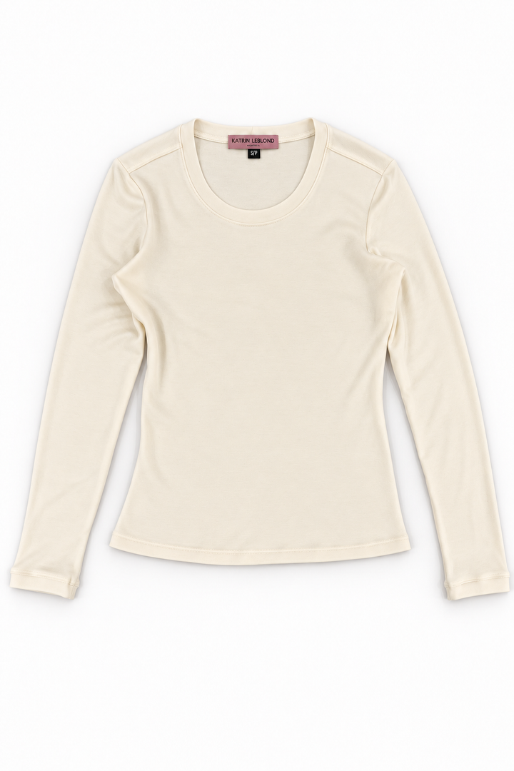 Crew Neck Ivory Merino Wool top, alternate full front view