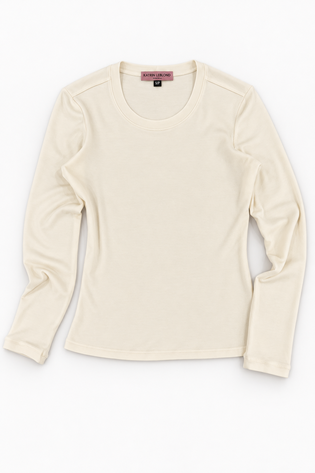 Crew Neck Ivory Merino Wool top, natural gathered-sleeve front flat lay