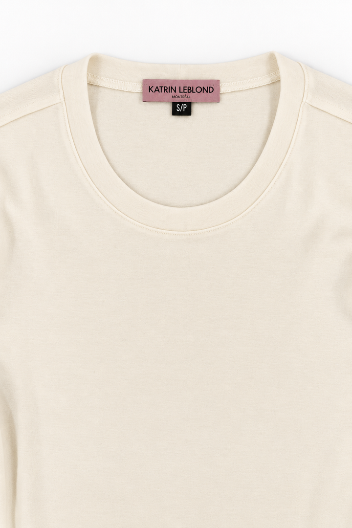 Ivory Tencel and merino wool top, neckline and Katrin Leblond label detail