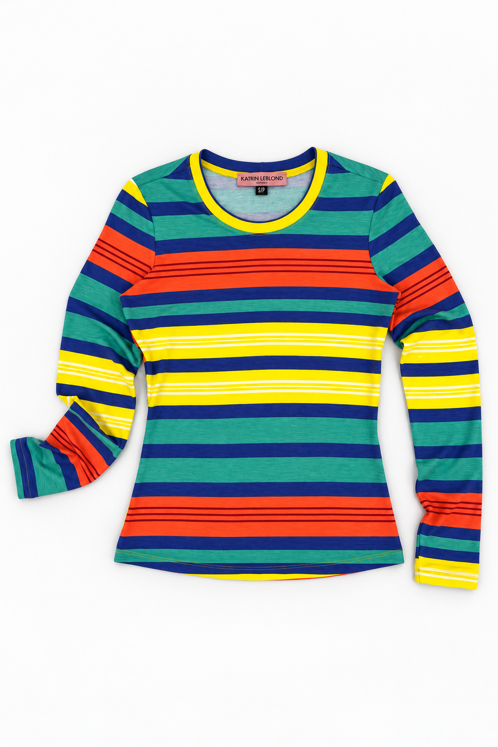 Crew Neck Multi Stripe, front flat lay with curled sleeve