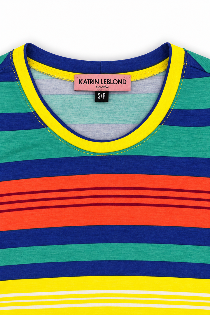 Multi Stripe top, yellow crew neckline and Katrin Leblond label detail