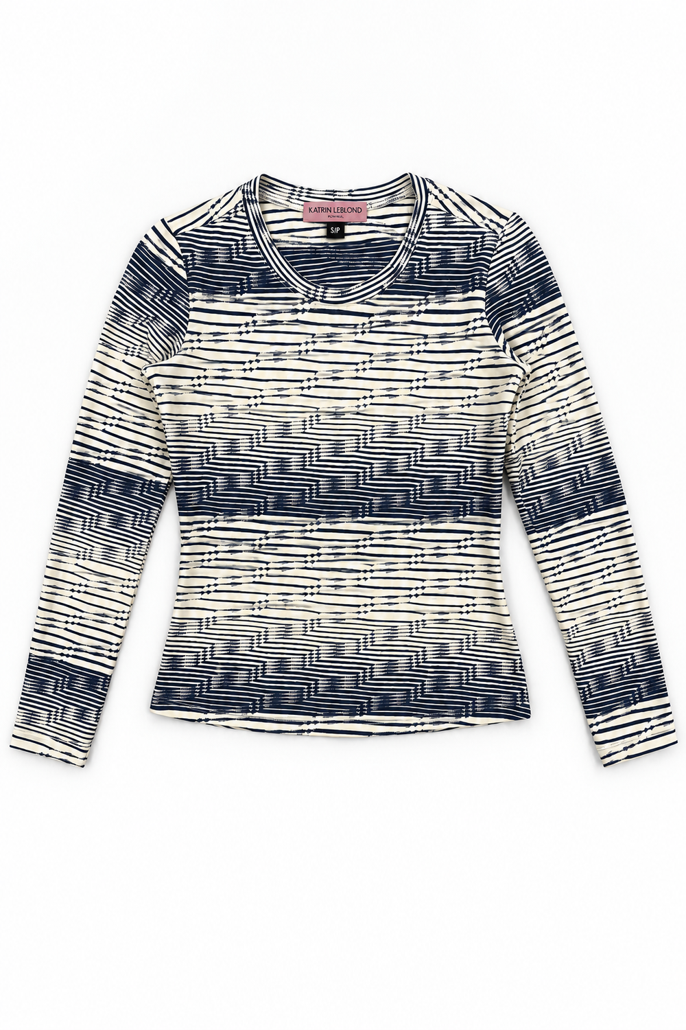 Crew Neck Navy Jacquard Stripe top, alternate full front view