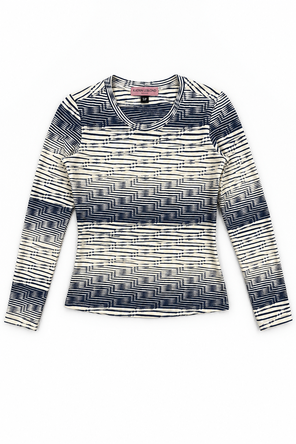 Crew Neck Navy Jacquard Stripe top, alternate full front view