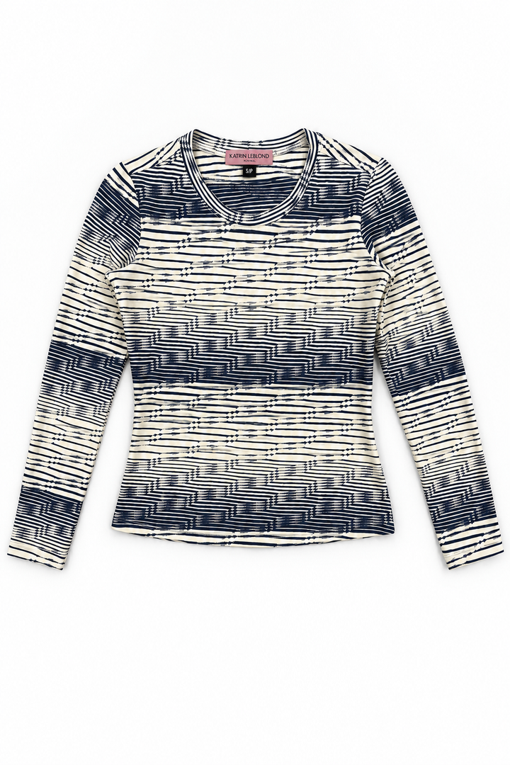 Crew Neck Navy Jacquard Stripe top, alternate full front view