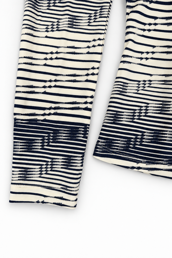 Navy and ivory jacquard stripe top, fabric texture, sleeve cuff and hem detail