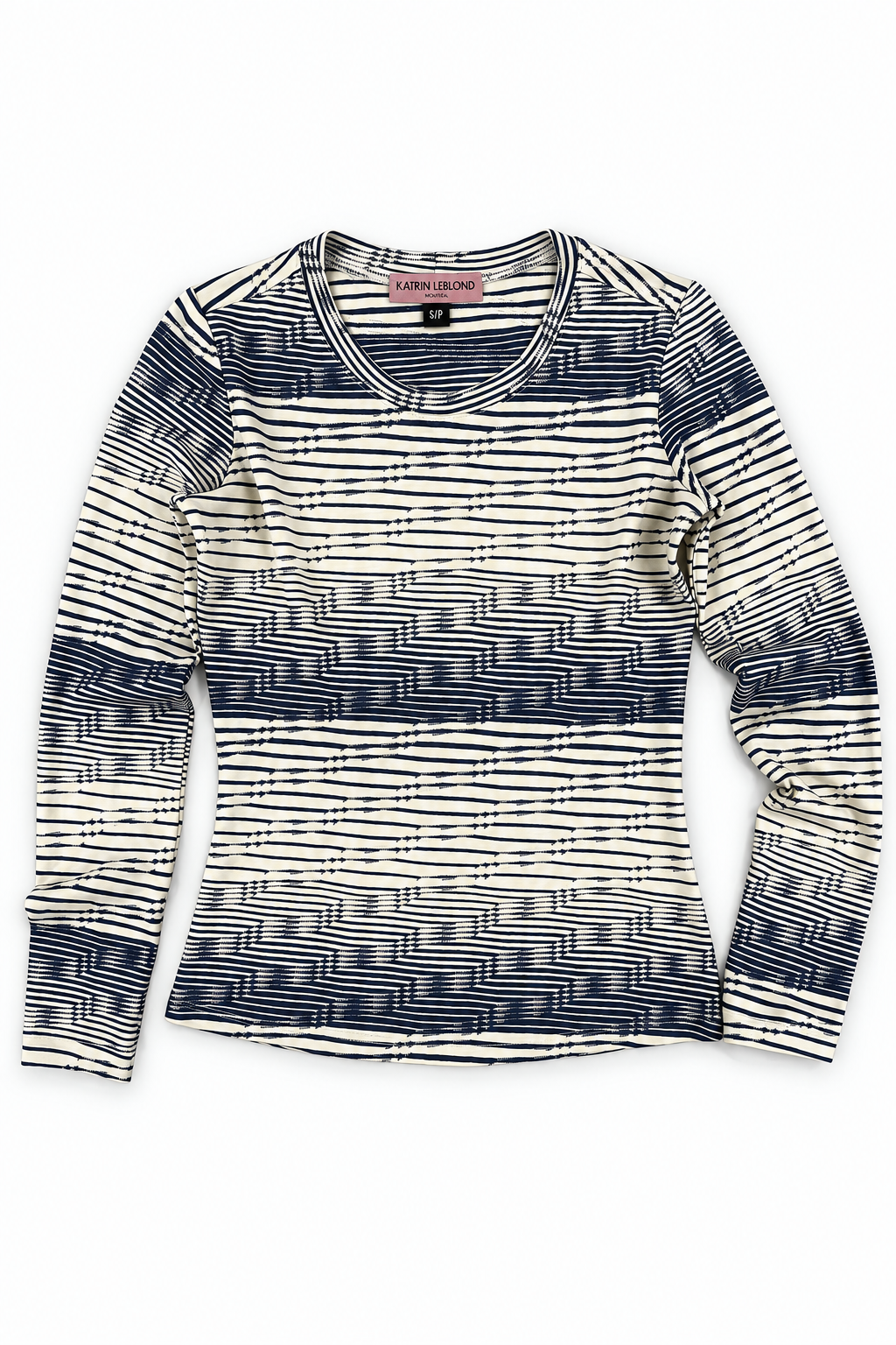 Crew Neck Navy Jacquard Stripe top, natural-fold front flat lay