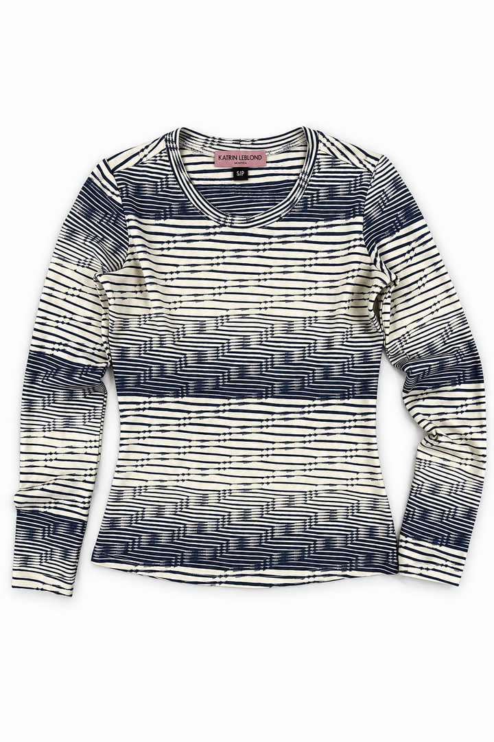 Crew Neck Navy Jacquard Stripe top, natural-fold front flat lay