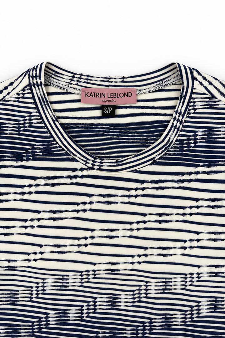 Navy and ivory jacquard stripe top, neckline and Katrin Leblond label detail