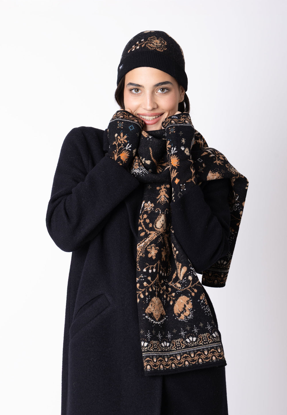 IVKO Knit Scarf, Fika Floral in Black, style 262580.019, model view