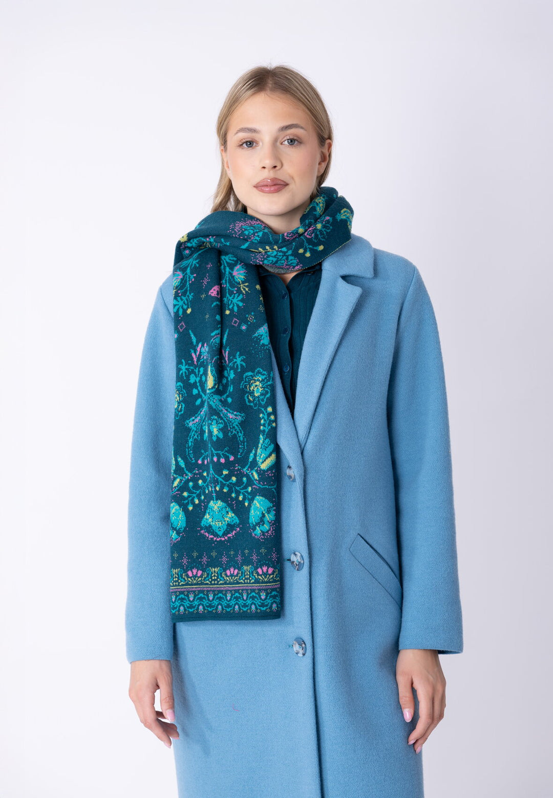 IVKO Knit Scarf, Fika Floral in Petrol, style 262580.089, model view