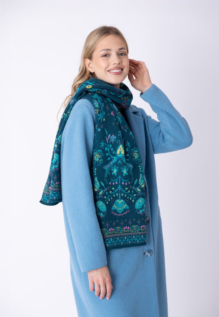IVKO Knit Scarf, Fika Floral in Petrol, style 262580.089, model view