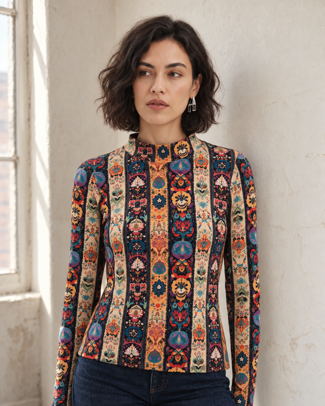 Model wearing the Ribbons print in a sunlit atelier