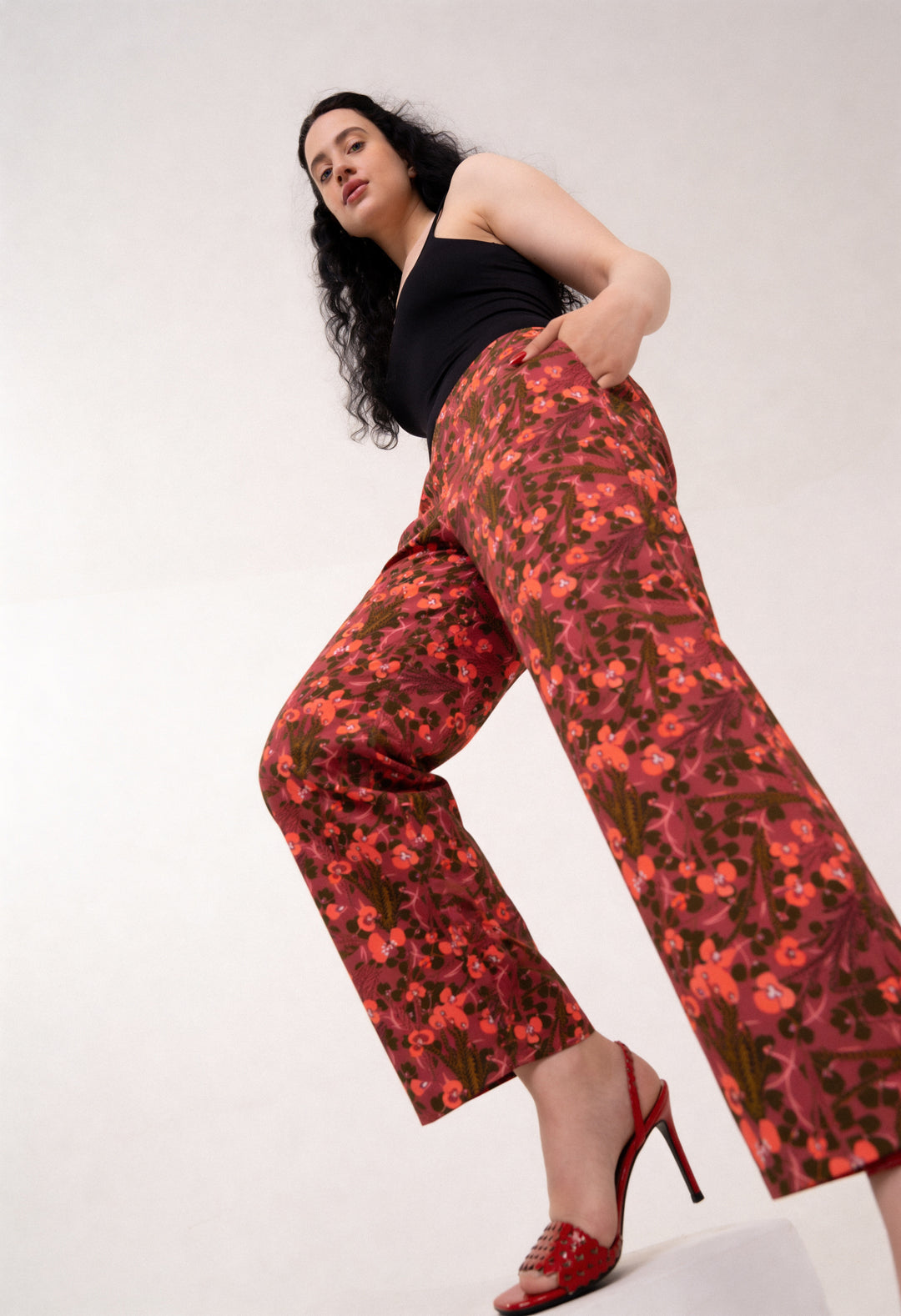 Cotton Mid rise pants - Wildflowers, red