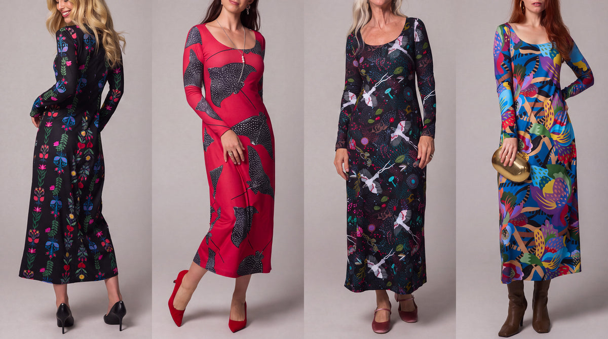 Four Muse maxi dresses in Etched Stem, Stingray red, Hygge and Zephyr prints