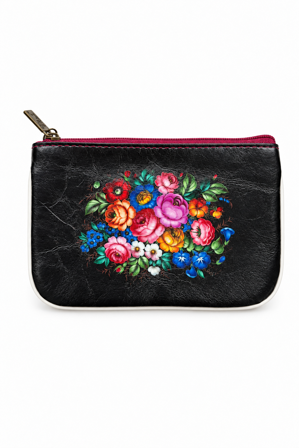 Black zip pouch with colorful floral bouquet on a white background